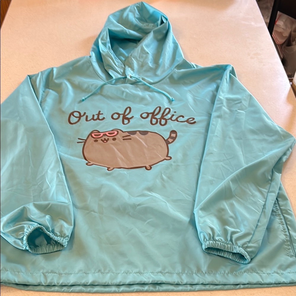 Pusheen Light Blue Out of Office Windbreaker Hoodie with Cat Graphic M/LG/XL